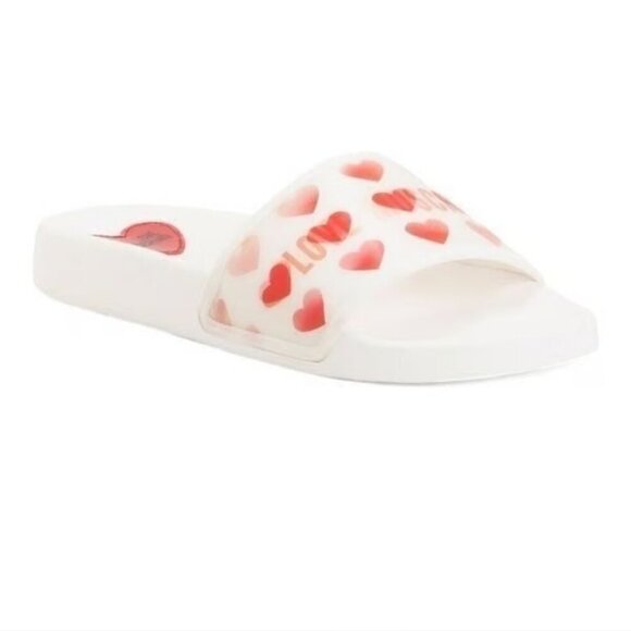 NWOT Love Moschino red & white heart print hologram flat pool slide sandals, 41 - Picture 2 of 16